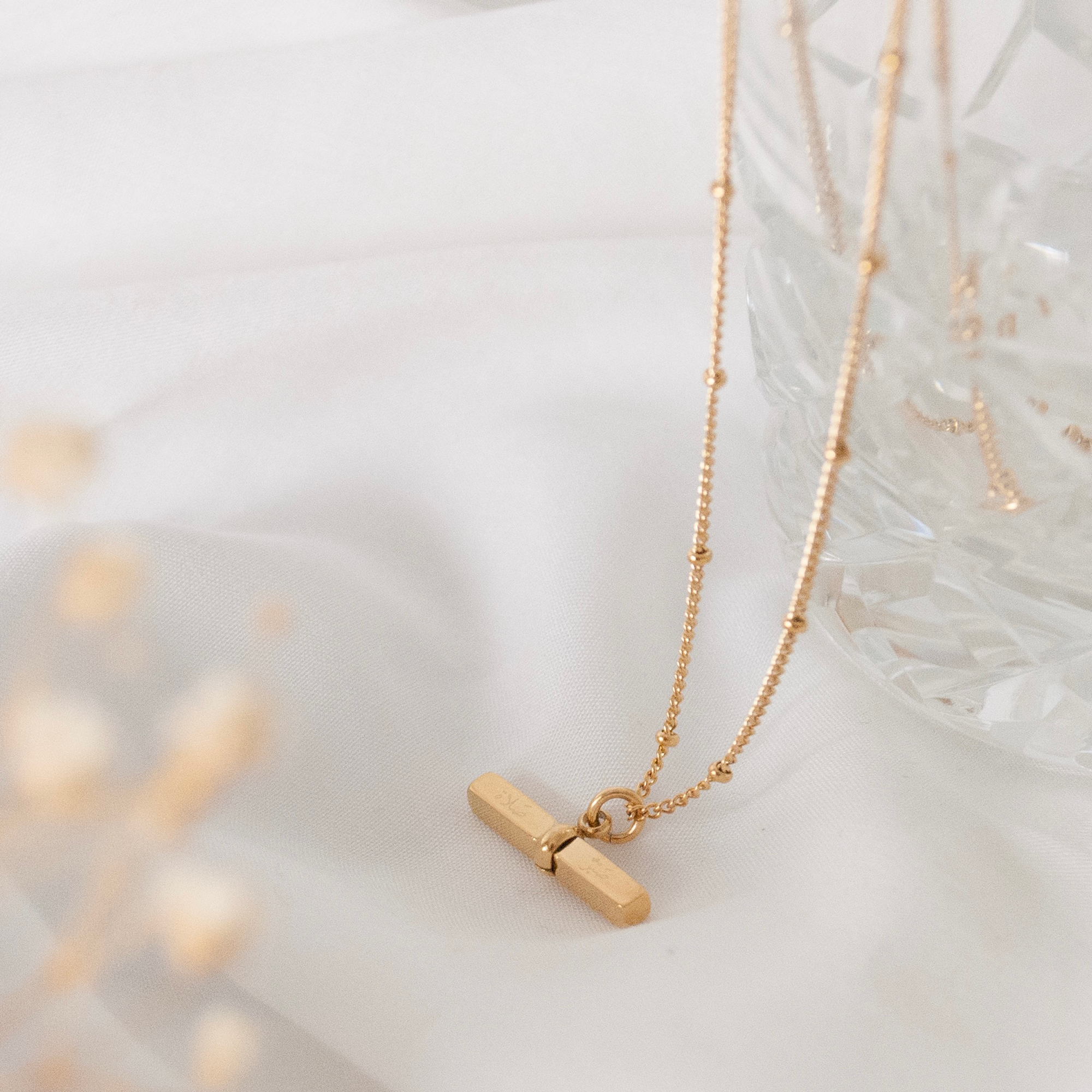 image of 18K gold plated tbar Patience & Prayer necklace