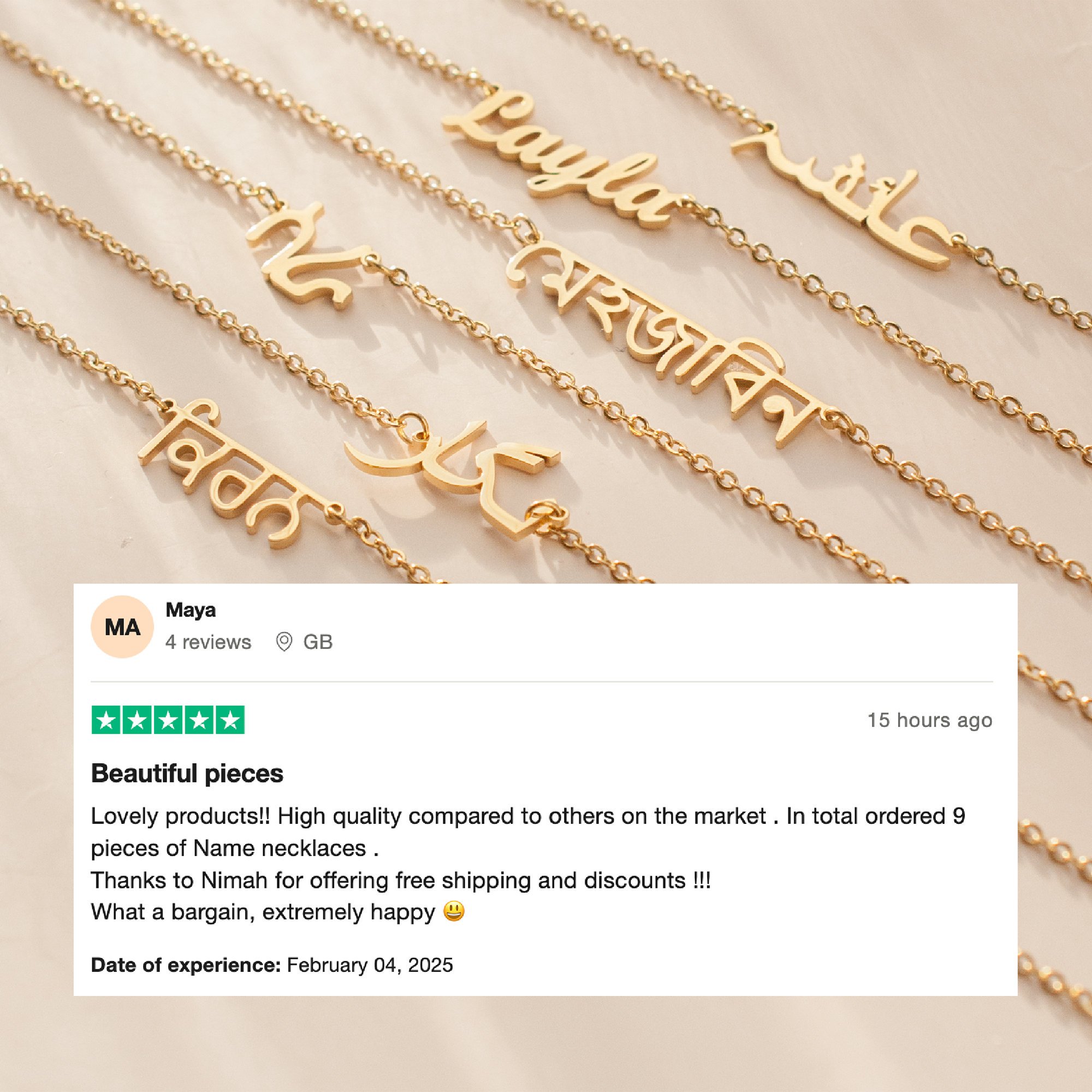 an image of the Arabic name necklaces along with a review from a customer