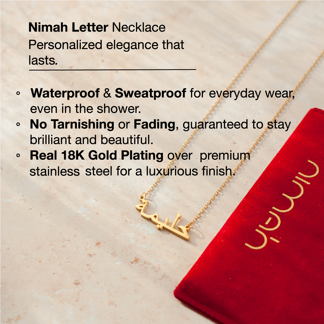 Nimah Arabic Letter Necklace Information Noting It's Waterproof, Tarnish Proof and Real 18K Gold Plating Details