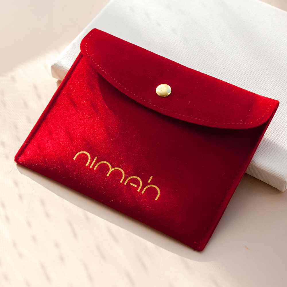 Red velvet button wallet pouch for Nimah London Arabic jewellery