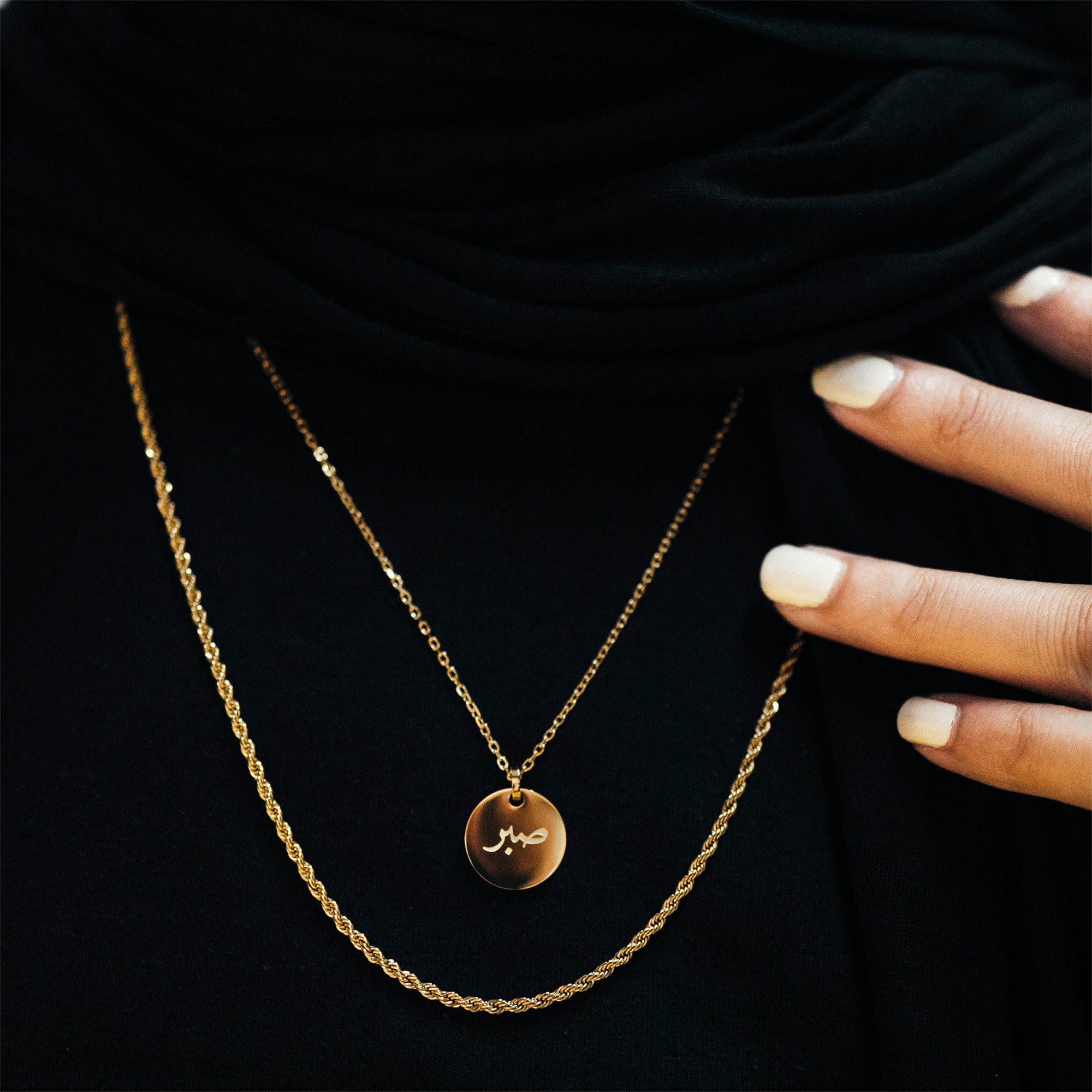 18K gold Plated rope Chain nimah layered with another gold necklace